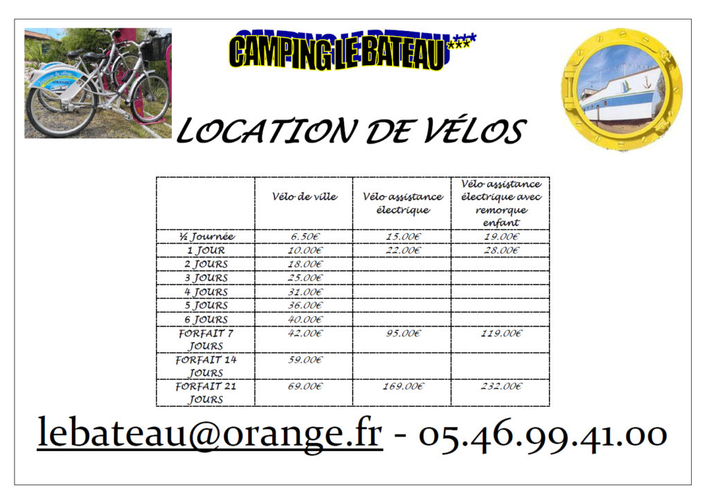 Tarifs vélos pour une location