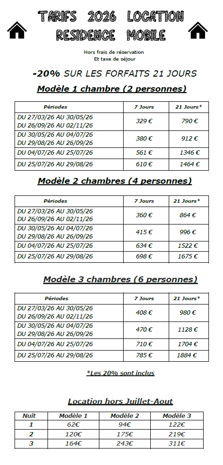 TARIFS CAMPING LE BATEAU